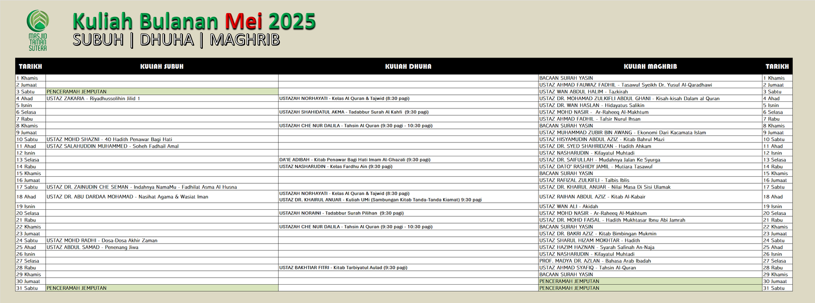 ::Jadual Kuliah Mei 2025 - Masjid Taman Sutera, Kajang